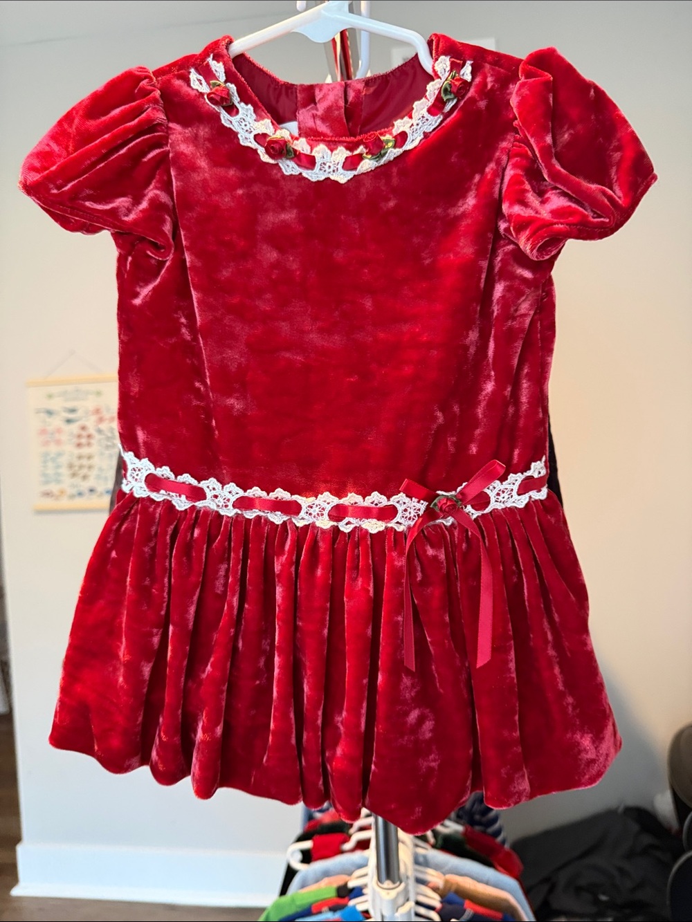 Starting Out Red Velvet Holiday Dress with White Lace Trim